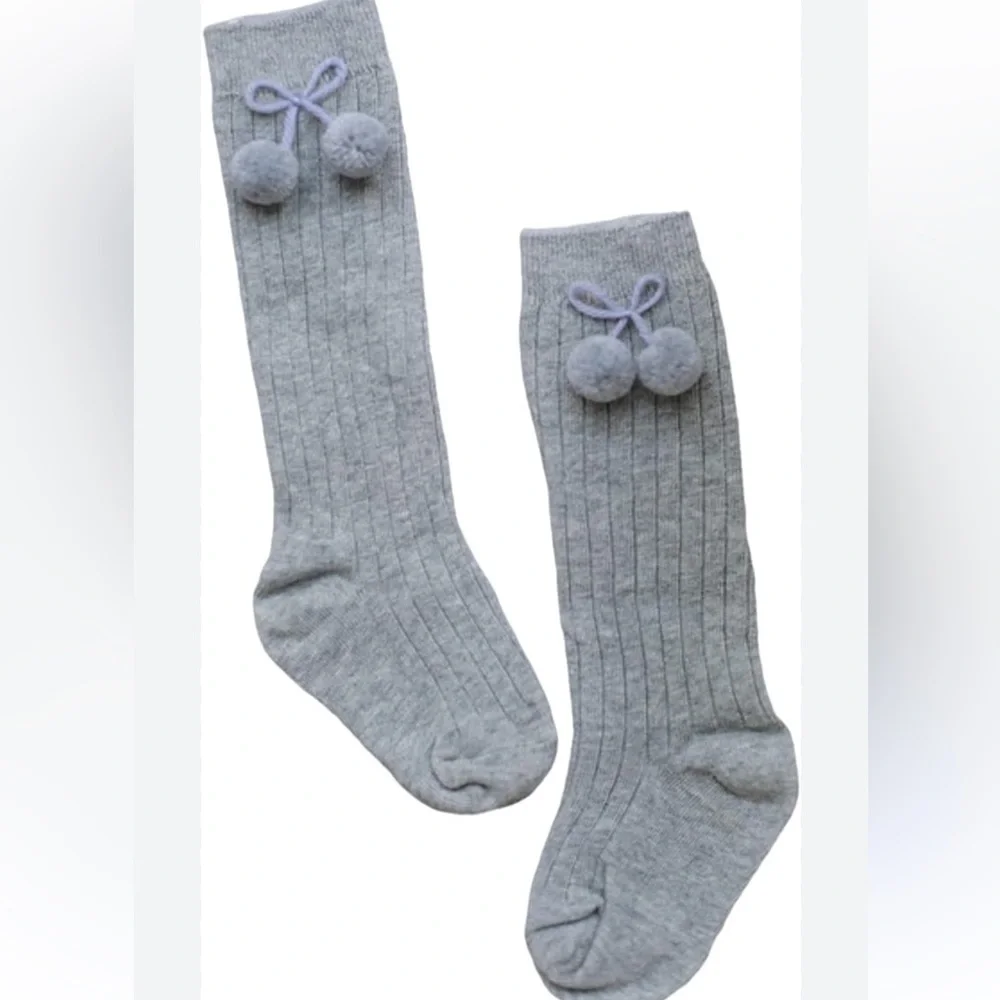 Unisex Gray Kids Knee-High Socks with Pom Poms